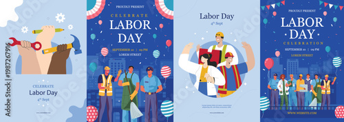 Labor Day celebration poster set with diverse workers tools and city parade flat vector templates
