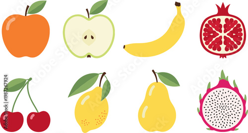 Fresh Fruit Collection Vector Set Featuring Apples, Pears, Bananas, Cherries, and Exotic Fruits for Healthy Lifestyle and Nutrition Designs