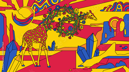 Giraffe with Vine Neck Wandering Through Crystal Desert Pop Surrealism Flat Illustration with Bold Outlines