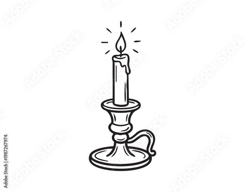 Taper candle flickering in brass holder, tall wax with dripping edges and glowing wick, vintage line art sketch, moody shadow play, antique atmosphere for ceremony and intimate dinner decor