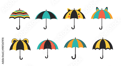 Collection of various colorful umbrellas with different patterns and cute animal ear designs isolated on a plain white background.