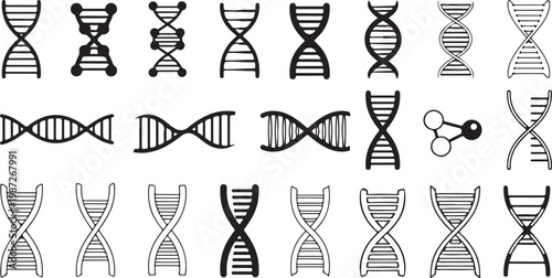 Dna helix and genetic structure icons collection for biology science and medical research projects isolated on transparent background grid.