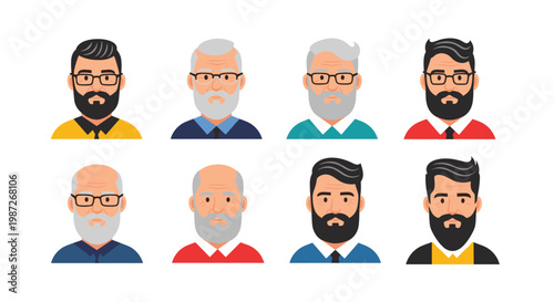 Collection of diverse elderly man avatars with various hairstyles, beards, and glasses reflecting different facial features.