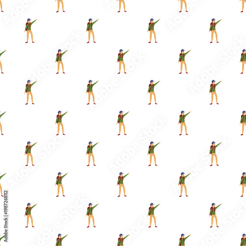 Backpacker character wearing a cap and showing direction with a raised arm in a seamless pattern