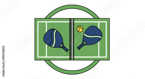 Pickleball court with rackets and ball.