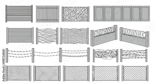 Comprehensive collection of different fence types including wooden, metal, chain link, concrete, and barbed wire security barriers.