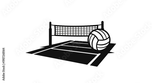 Volleyball court with net and ball.