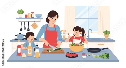 Happy mother and her two young children preparing a healthy meal together in a modern, bright kitchen at home.