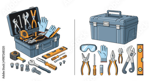 Blue plastic toolbox filled with various hand tools such as wrenches, pliers, and screwdrivers next to safety equipment.