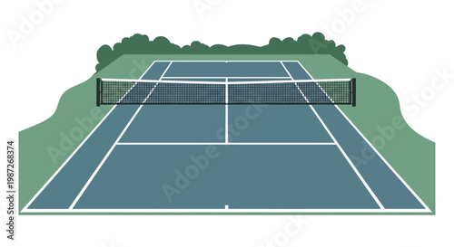 Tennis court with green surroundings and net.