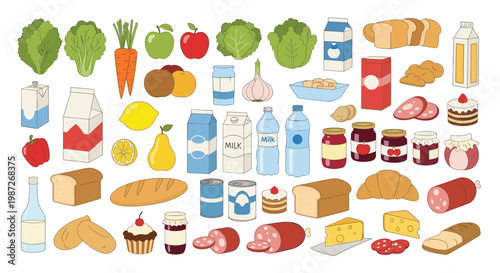 Large collection of diverse grocery items including fruits, vegetables, dairy products, bread, and packaged food on a white background.