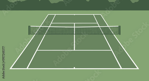 Tennis court with white lines and net.