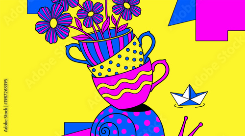 Vintage Teacups Balanced On Polka Dot Snail Shell Pop Surrealism Flat Illustration With Bold Outlines