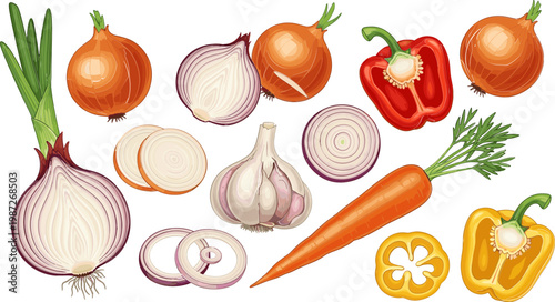 Fresh Vegetable Vector Set Featuring Onions, Garlic, Carrots, and Bell Peppers for Cooking, Food, and Healthy Eating Illustrations