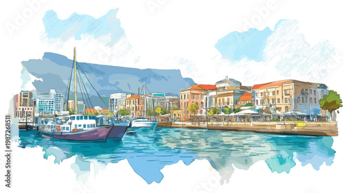 Cape Town Waterfront. Cape Town Waterfront hand drawn watercolor illustration on white background