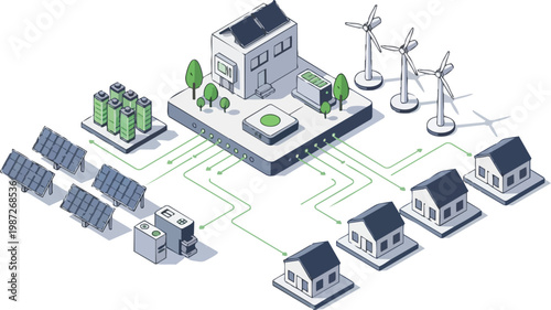 Smart Grid Isometric Illustration of Renewable Energy Distribution with Solar Panels, Wind Turbines, and Battery Storage for Sustainable Residential Housing