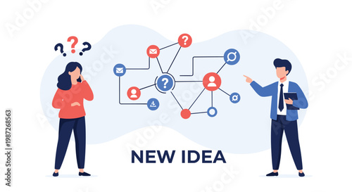Two business professionals collaborating to solve problems and brainstorm new ideas represented by a complex flowchart network.