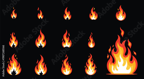 Collection of fifteen stylized fire flame shapes in varying sizes and intensities isolated on a solid black background.