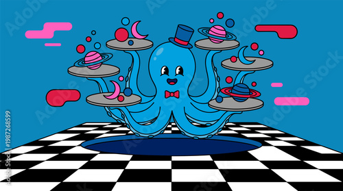 Whimsical Octopus Waiter Serving Planets and Moons Pop Surrealism Flat Illustration with Bold Outlines