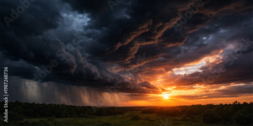 A dramatic landscape of a beautiful forest and mountains at dusk features a striking sunset with orange and red sunlight breaking through dark storm clouds in the blue summer sky