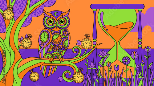 Mechanical Gear Owl on Flowering Branch with Hourglass Pop Surrealism Flat Illustration with Bold Outlines