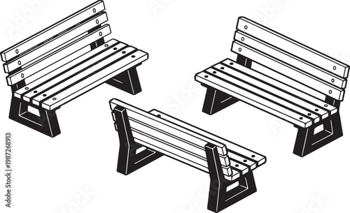 Isometric park bench vector set showing outdoor street furniture from multiple perspectives for urban architectural planning and design.