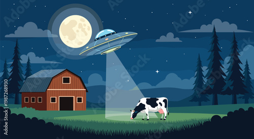 Extraterrestrial spacecraft abducting a cow from a farm field at night under the bright light of a full moon.