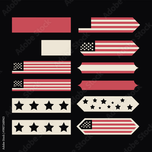 Set of patriotic american banners and dividers with stars and stripes in vintage red white and blue color scheme for web design.