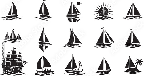 Diverse sailboat silhouettes and nautical icons featuring reflections tropical islands sunset backdrops and maritime navigation symbols.