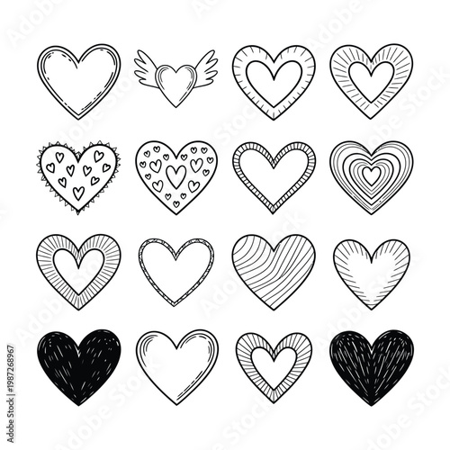 Set of hand drawn heart shapes with various patterns and decorative borders for valentine day greeting cards and romantic design.