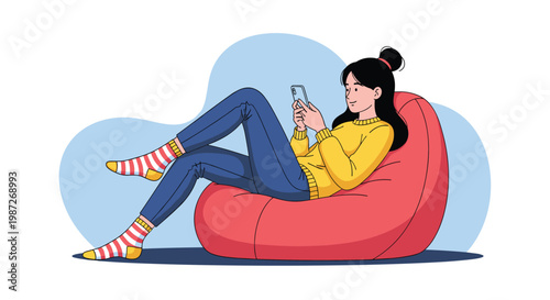 Young woman relaxing in a red bean bag chair while browsing social media on her smartphone at home in a cozy way.