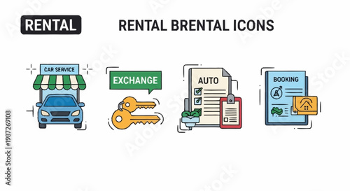 Rental Service Icons - Car Rental, Exchange, Auto Documents, and Booking.