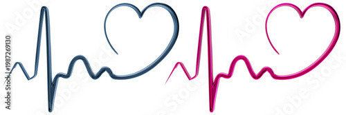heart and heartbeat symbol. Heart rate pulse color blue navy and red pink on transparent background. PNG