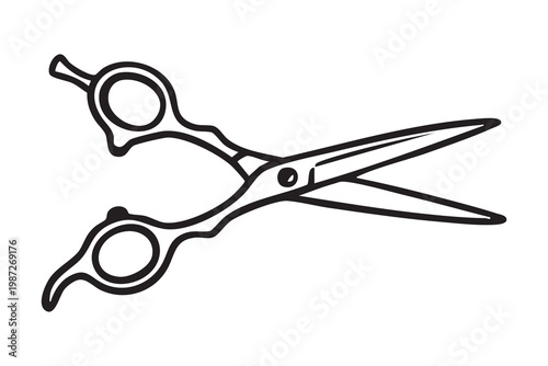 Professional hairdressing scissors for stylist, detailed outline of ergonomic shears with finger rests and tapered blades, ideal for salon haircut, texturizing, thinning and precision styling