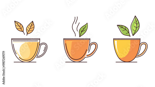 Three stylized mugs with tea and leaves, steam, and different shades of yellow and orange