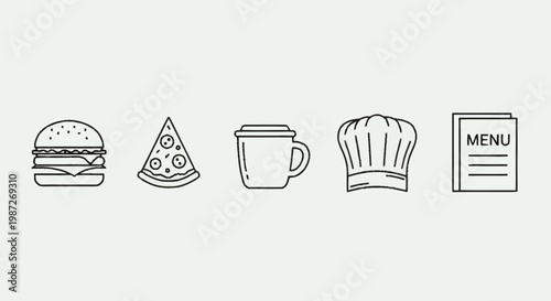 Restaurant Icons - Burger, Pizza, Coffee, Chef Hat, and Menu.