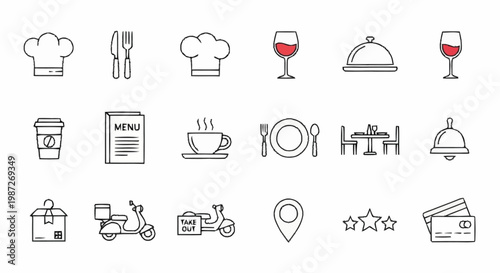 Restaurant Icons Set - Chef Hats, Food Delivery, and Dining Elements.