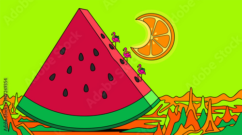 Watermelon Mountain Range With Flamingo Hikers and Lemon Slice Sun Pop Surrealism Flat Illustration With Bold Outlines