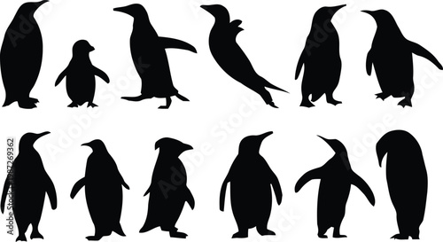 Penguin silhouettes vector collection set of cute arctic penguin birds illustration in winter snow isolated black and white design