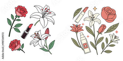 Illustration of flowers and cosmetics on white background