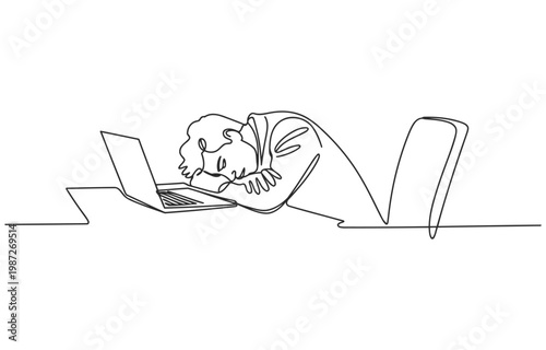 Overworked person sleeping at desk with open laptop single line drawing overworked sleeping illustration exhausted computer workplace business employee tiredness corporate minimalist
