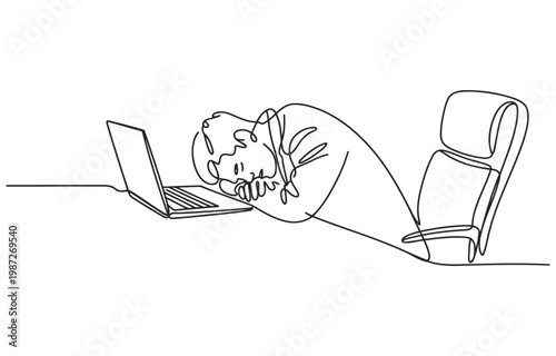 Tired office worker sleeping on laptop on desk minimalist line art sleeping minimalist illustration exhausted overworked computer workplace business employee tiredness corporate depressed