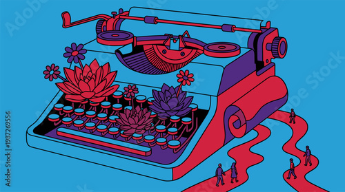 Antique Typewriter with Succulent Plants and Winding River Paper Scroll Pop Surrealism Flat Illustration with Bold Outlines