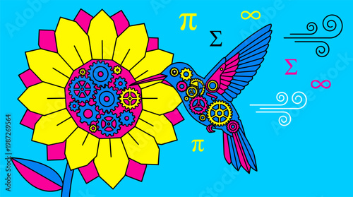 Mechanical Clockwork Hummingbird Sipping Nectar From Geometric Sunflower Pop Surrealism Flat Illustration With Bold Outlines