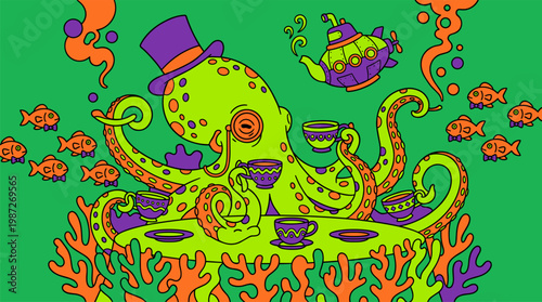 Giant Octopus Wearing Top Hat At Underwater Tea Party Pop Surrealism Flat Illustration With Bold Outlines And Saturated Colors