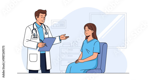 Doctor, female patient, medical consultation, healthcare, clinic, vector illustration