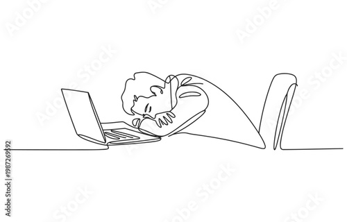 Overwhelmed employee sleeping at office desk next to a laptop with line art employee overwhelmed sleeping exhausted computer workplace business tiredness corporate illustration minimalist