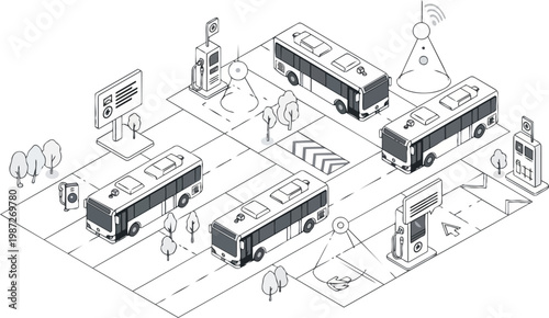 Smart City Isometric Illustration of Electric Public Transport, EV Charging Stations, and IoT Connectivity Infrastructure for Sustainable Green Urban Mobility