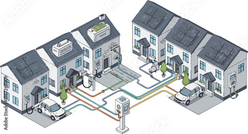 Smart City Grid Concept with Sustainable Houses, Solar Panels, Electric Vehicle Charging, and Renewable Energy Infrastructure Isometric Illustration on White Background