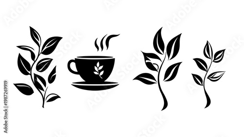 Silhouetted botanical elements and a cup of tea, presented in high-contrast black and white graphic design